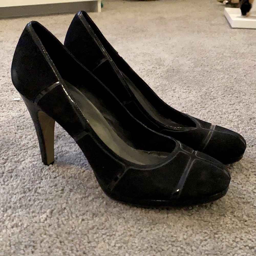 Franco Sarto black suede and patent heels
